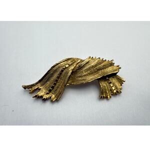 Vintage 1960s MCM Gold Tone Brooch Large Abstract Feather Pin Heavy Quality